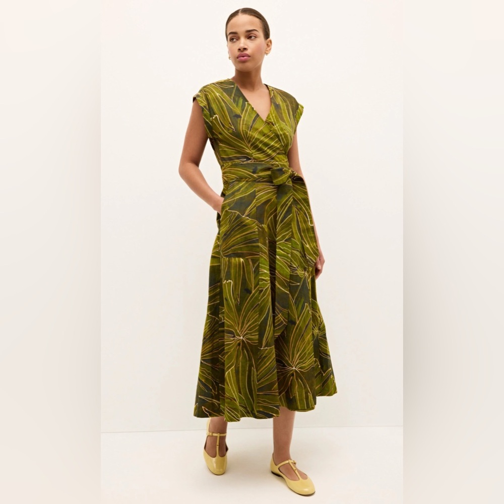 Marie Oliver Olive Green Palm Wrap Midi Dress Size Small
